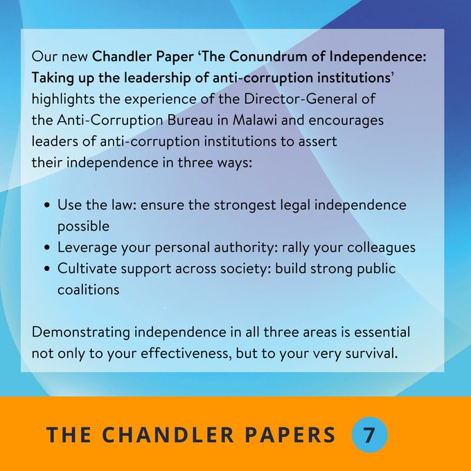 Cultivating independence in 3 spheres - legal, personal, and public - is essential for anti-corruption leaders to succeed, according to this new Chandler Paper. Inspiring lessons from Malawi's ACB Director @ChizumaMartha and @BlavatnikSchool's Chris Stone. bit.ly/4cTPow6