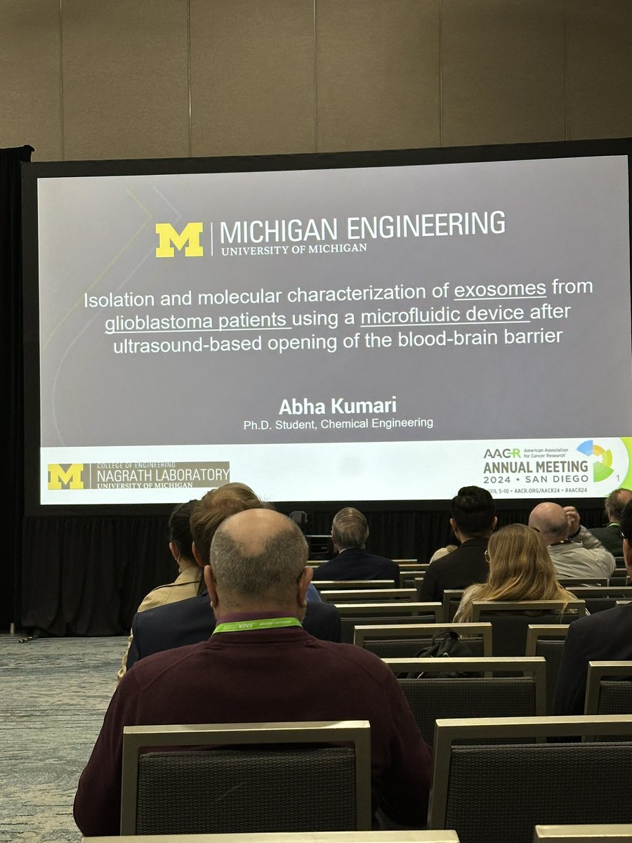 Proud mentor moment. My ever enthusiastic graduate student Abha Kumari presenting work on role of exosomes in Glioblastoma at @#AACR24 @UMengineering @UMRogelCancer @UMichChE