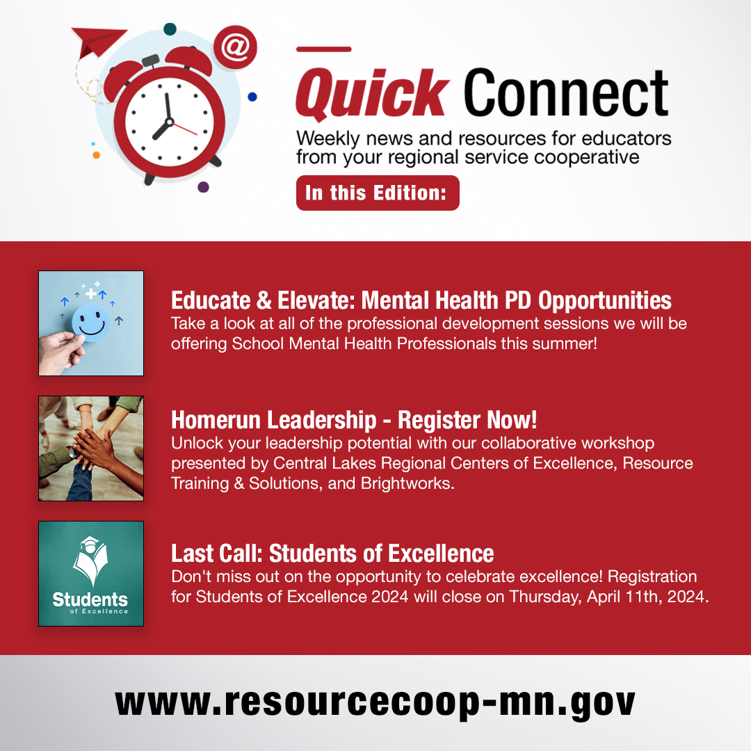 ResourceStCloud's tweet image. Check out the latest edition of our Quick Connect, weekly education newsletter!

Learn more: resourcecoop-mn.gov/post/quick-con…

#CultivatingCollaboration #AddingValue #MaximizingResources #Region7