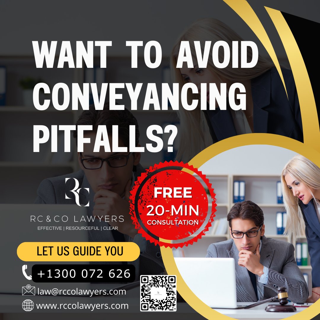 Looking to Avoid Conveyancing Pitfalls? 🏡⚖️ Let Us Be Your Guide to a Smooth and Stress-Free Process.

☎️ +1300 072 626
📥 law@rccolawyers.com
🌐rccolawyers.com

#stratalawyer
#ownerscorporationlawyer
#conveyancinglawyer
#commerciallawyer
#falaw