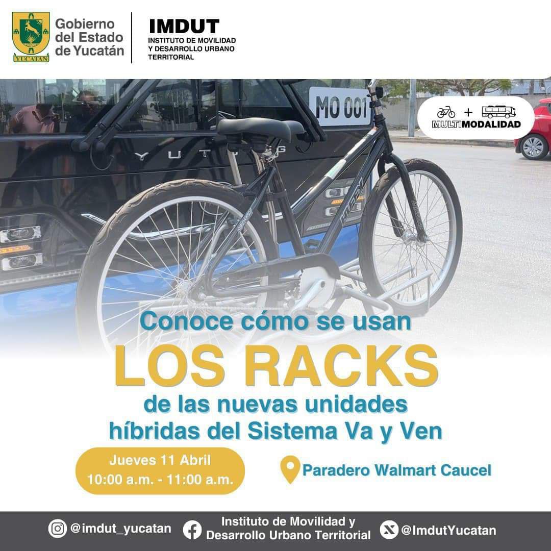 Como parte del programa 'Cultura de la Movilidad', los invitamos a conocer cómo se utilizan los racks de las nuevas unidades híbridas del Sistema de Transporte #VaYVen para que puedas realizar viajes multimodales, este jueves en el Paradero Walmart #Caucel de la #RutaPeriférico.