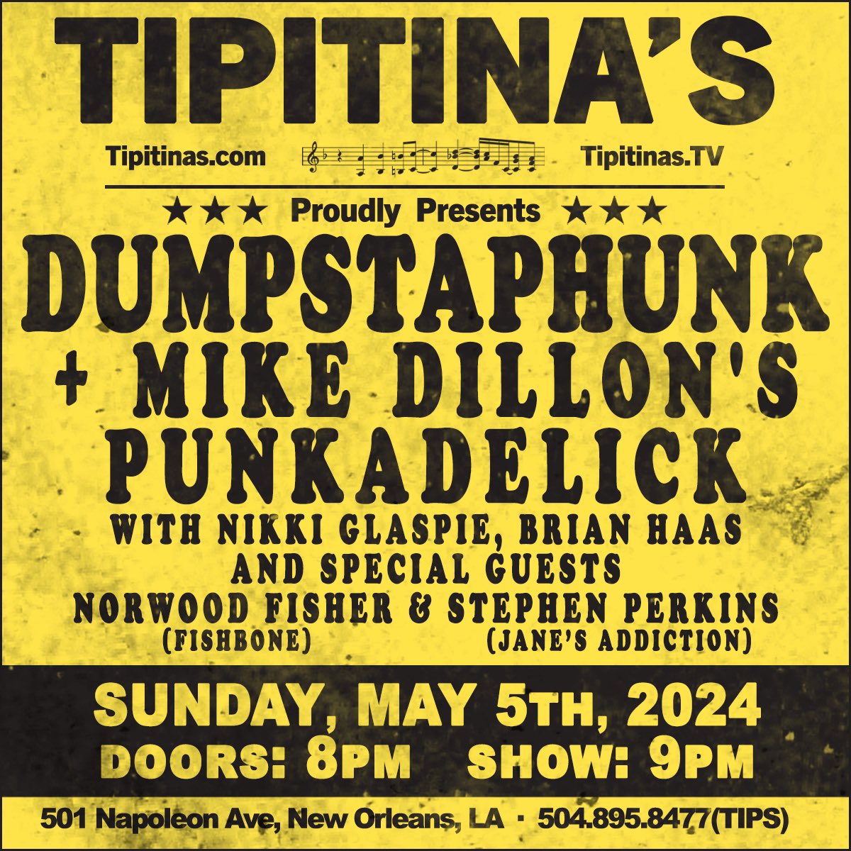 ⚜️ We’re less then 1 month away until we close out #Jazzfest, Sunday, May 5th at Tipitina’s with special guests Mike Dillon's Punkadelick, Nikki Glaspie, Brian Haas, Norwood Fisher and Stephen Perkins!! 🎫 Don’t miss out ya’ll: shorturl.at/rtNZ2!!!