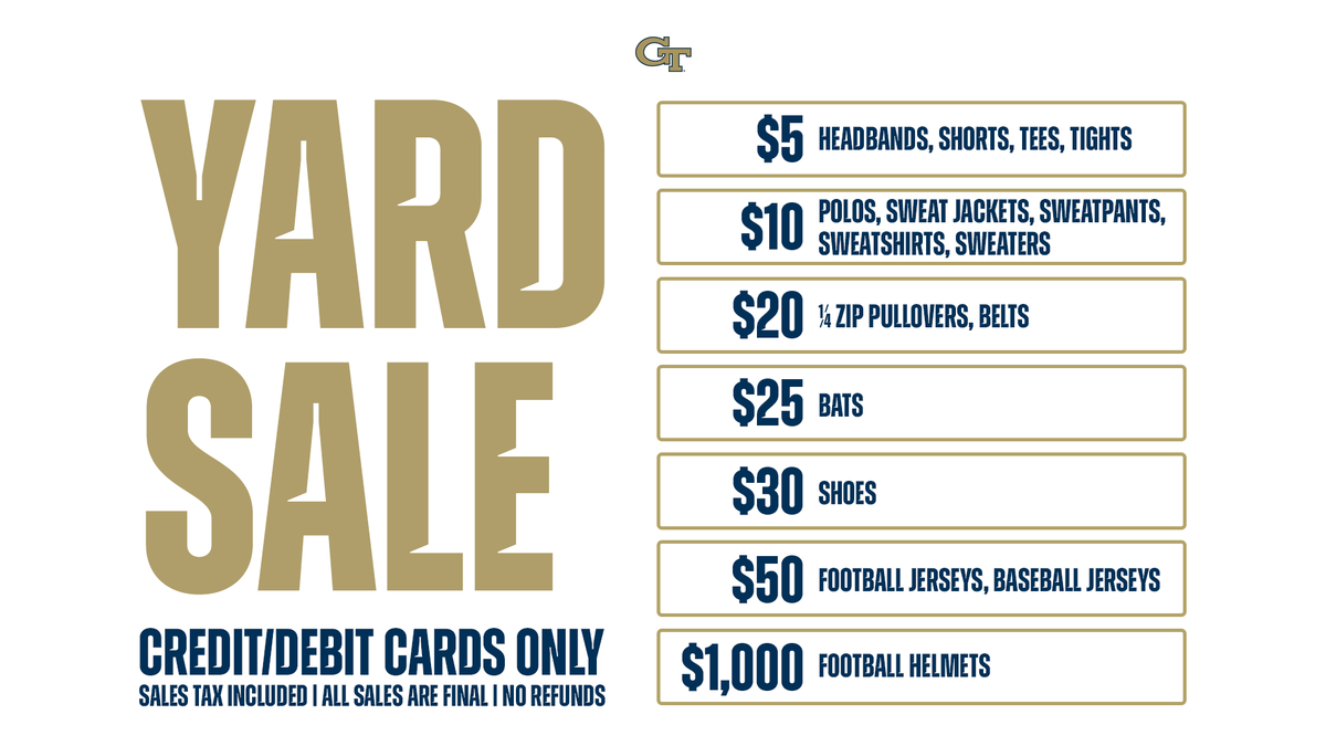 YARD SALE 🪧 Take a peek at the items we'll have available at our Yard Sale on Saturday from 9 a.m. - 12 p.m. ahead of the White and Gold Game 👀 📰 buzz.gt/SGprkngetc-24 #StingEm 🐝