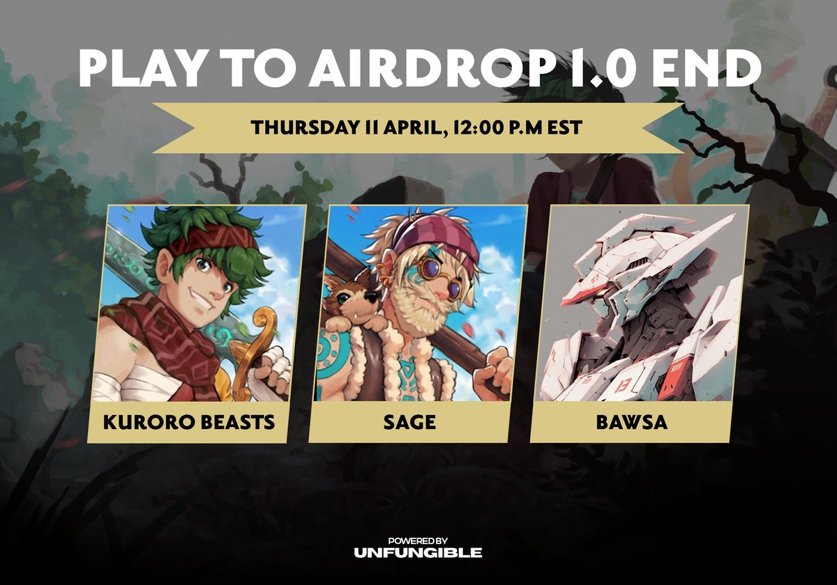 Play to Airdrop 1.0 End ✨ 🗓️ April 11, 12 PM EST. Join us tomorrow to learn the latest about the end of the Play to Airdrop Wave 1.0 🏹 Quest (50XP) Set your Reminder and amplify to get 50XP in your Airdrop Dashboard, links below