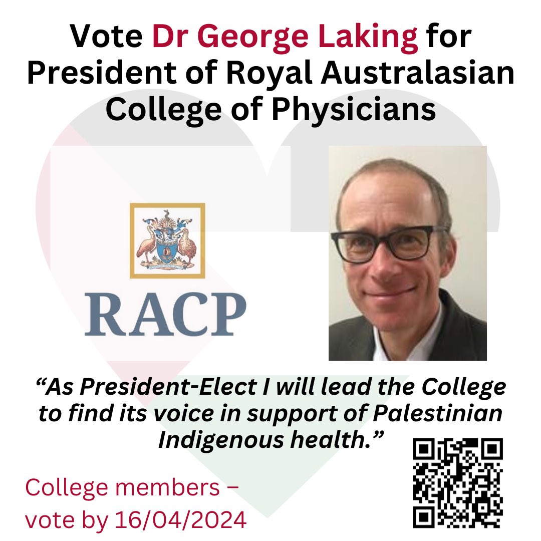 Doctors belonging to @TheRACP are electing a new college President. Aotearoa Healthcare Workers 4 Palestine supports a vote for Dr @glaking. Scan the QR code to read his full candidate statement. Follow @ahw4p on Instagram. #FreePalestine #ToitūTeTiriti #HealthEquity