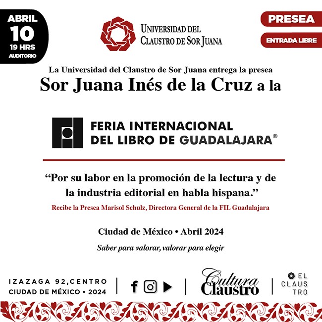 ¡No te pierdas la transmisión en vivo de la entrega de la Presea Sor Juana Inés de la Cruz a la FIL Guadalajara a las 19:00 horas!

#SomosLectores