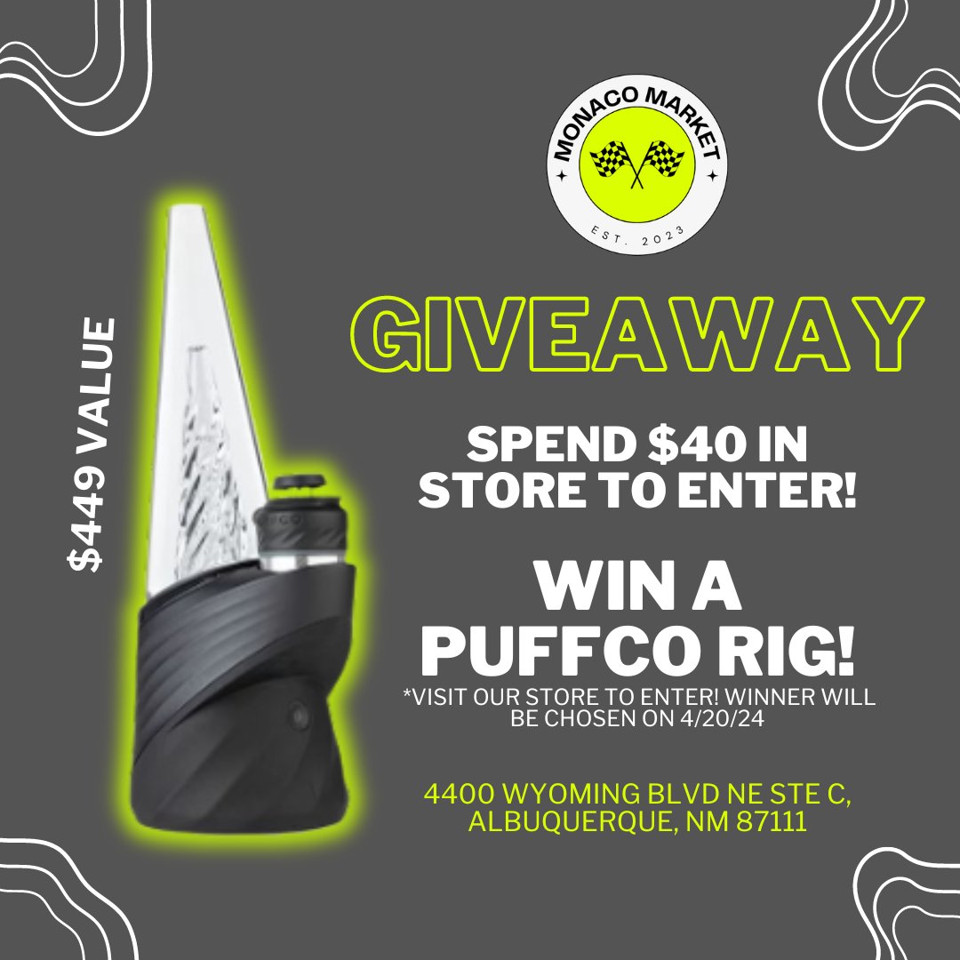 🚨 Monaco Market GIVEAWAY 🚨 happening ONLY IN STORE! Purchase $40 worth of exotic snacks/drinks to possibly win this amazing piece! 😁 4400 Wyoming Blvd NE STE C, Albuquerque, NM 87111