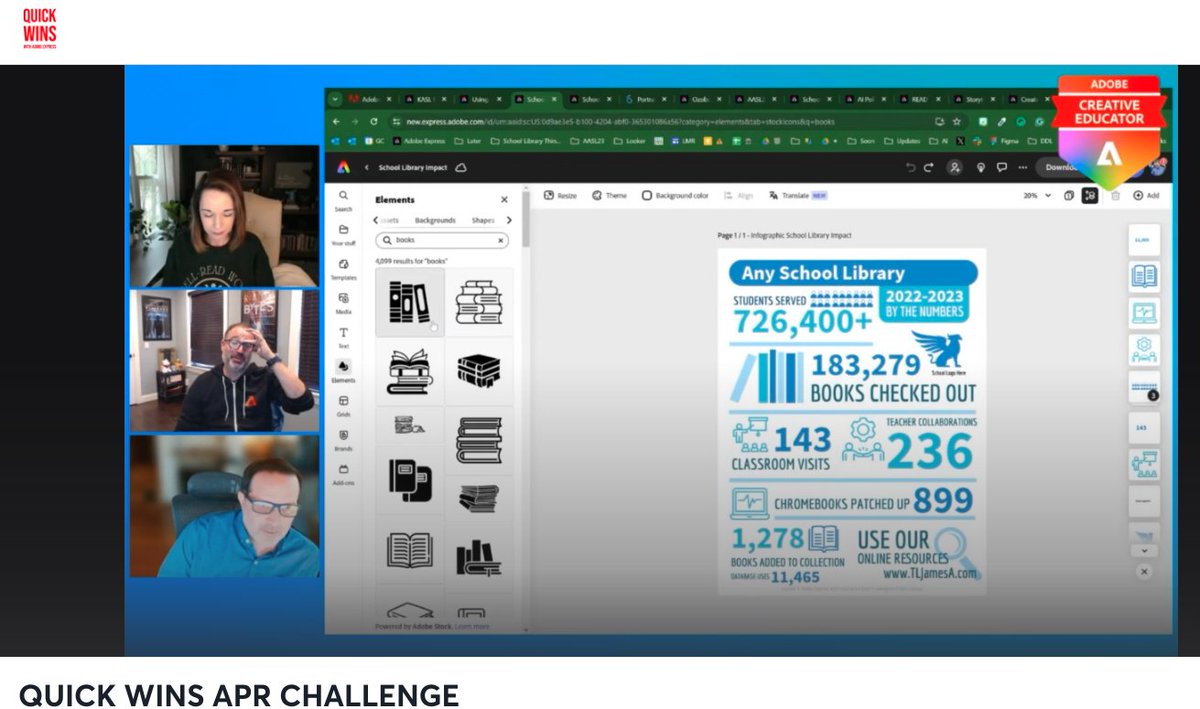 🤯Tonight's School Librarian Takeover at Quick Wins w/ @AdobeExpress did NOT disappoint! Joining @MrsBongiornoEdu & @jlubinsky was @TLJamesA and he showed us so many things! Brand kits, locking objects, keyboard shortcuts, blend modes, add-ons & more! 💗 #AdobeEduCreative