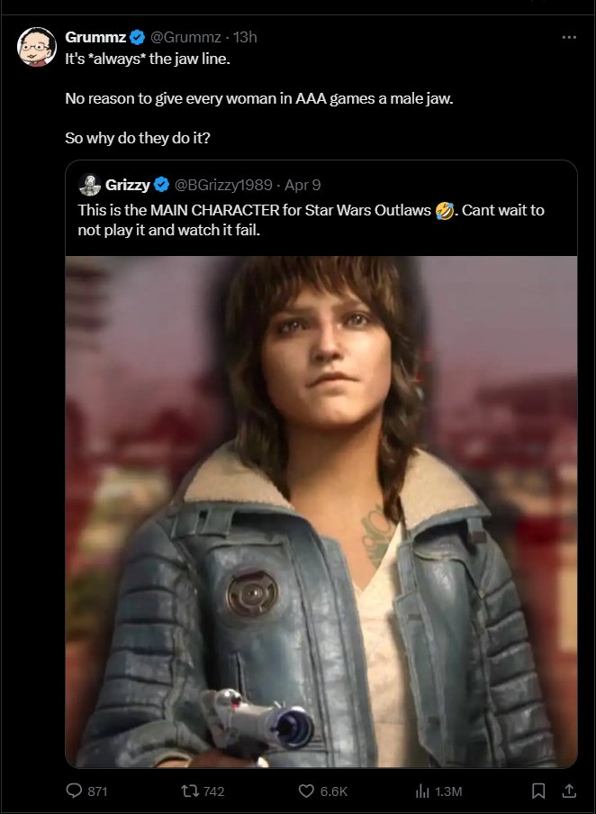 I'll fucking bite. A thread about making female characters in games. This idiot/grifter/probably-feigning-outrage-doughboy really doesn't seem to get it, even apparently *as* a developer. TLDR: making the nuances of a gentler face can be a real tough one in game art.