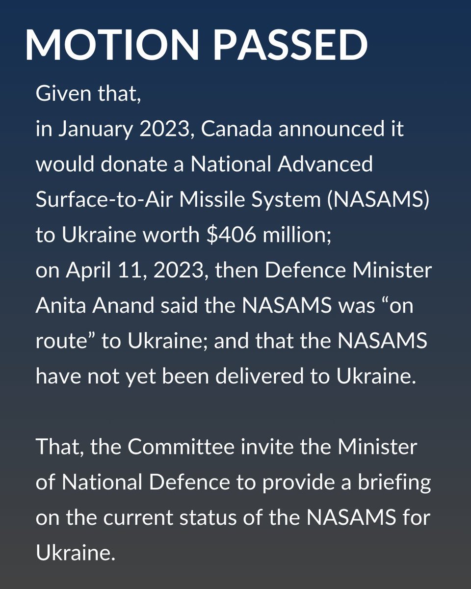 BREAKING

Conservatives force Liberals to update Defence Committee on why they haven't delivered the promised NASAMS to Ukraine after former Defence Minister Anita Anand lied to Canadians and Ukrainians a year ago when she said it was on route! 

#StandWithUkraine