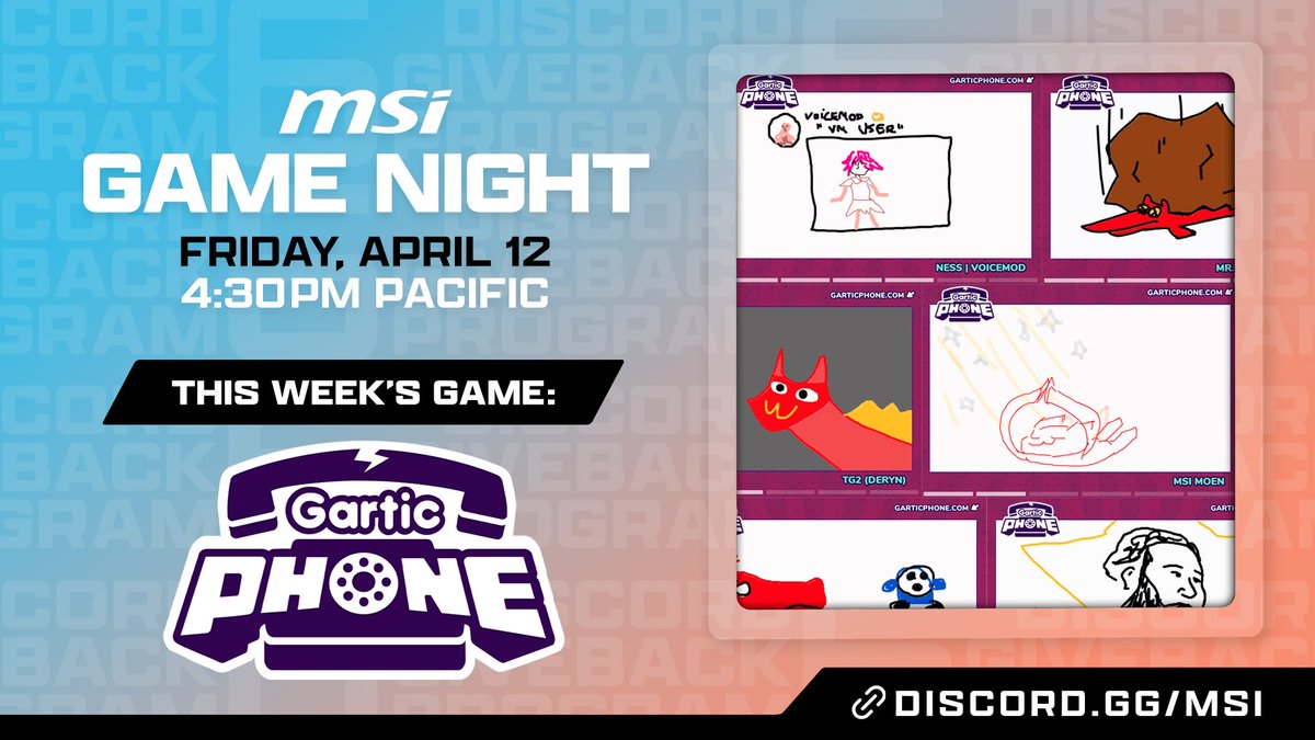 Join the MSI USA Discord as they play Gartic Phone, a digital art spin on the game of telephone! The game night will start Friday, April 12th, at 4:30 Pacific - join in and hang out with the MSI USA community! ✨ 🔗: discord.gg/MSI