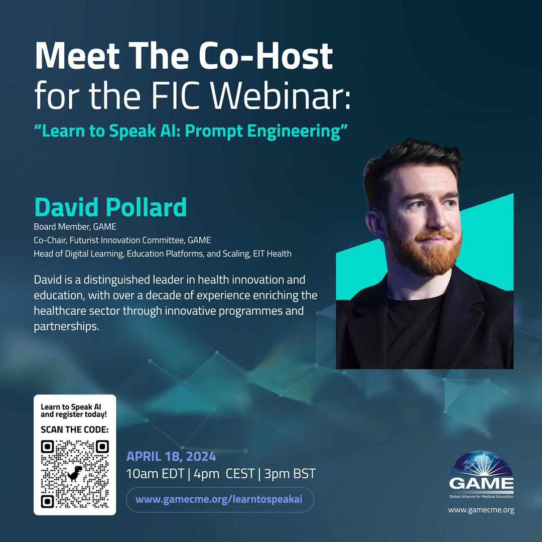 Meet one of the co-hosts for the FIC Webinar, “Learn to Speak AI: Prompt Engineering”: David R. Pollard. David is a distinguished leader in health innovation and education, with over a decade of experience in the healthcare sector through innovative programmes and partnerships.