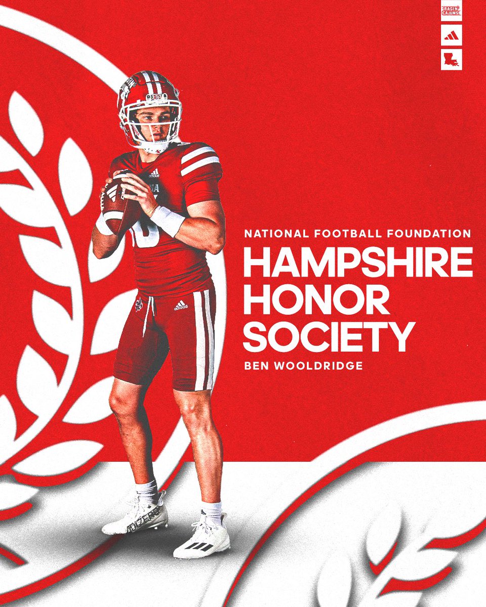 𝗛𝗔𝗠𝗣𝗦𝗛𝗜𝗥𝗘 𝗛𝗢𝗡𝗢𝗥 𝗦𝗢𝗖𝗜𝗘𝗧𝗬 Congrats to Ben Wooldridge on being named to the @NFFNetwork Hampshire Honor Society given to student-athletes with a cumulative GPA of 3.2 and started or contributed throughout the 2023 season. #GeauxCajuns