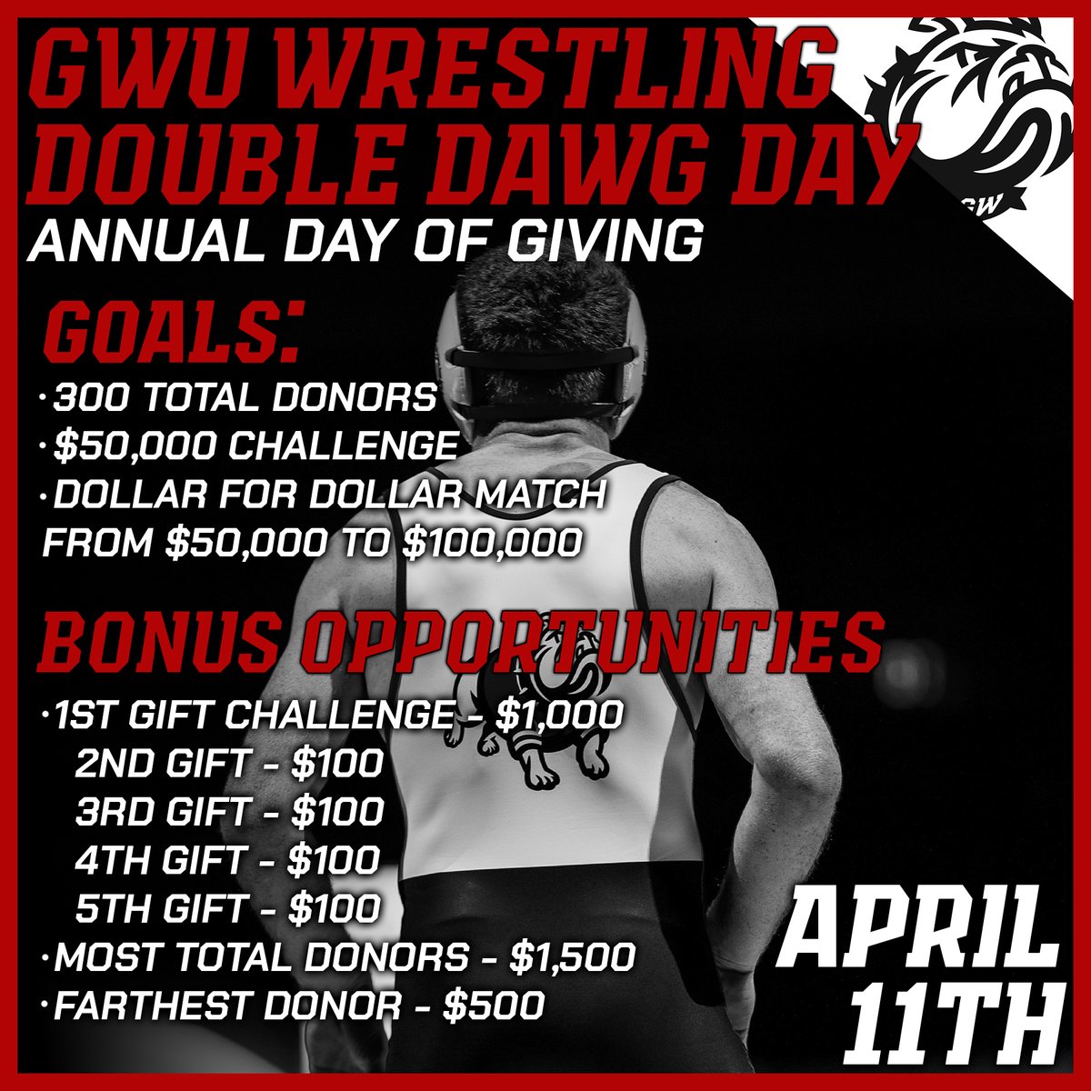 Just a little more than 5 hours from the kickoff of this year's Double Dawg Day. Huge opportunity to impact and change our program tomorrow. The link below goes live to our page at midnight. Check out the bonus opportunities!!! Lets #worklikeadawg givecampus.com/schools/Gardne…