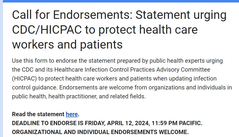 🔥CDC #HICPAC

🚨Action - *Sign by FRIDAY* April 12, 11:59pm PDT🚨

🔹All welcome❗️

🔹Info/Form in🧵👇

#N95 @jljcolorado @scott_squires @LauraMiers @kprather88 @juliairzyk @AIHA @amethystarlight @WesElyMD @drseanmullen @calirunnerdoc  @MamaLawyer3 @maolesen @we_are_ssd @pjhn22