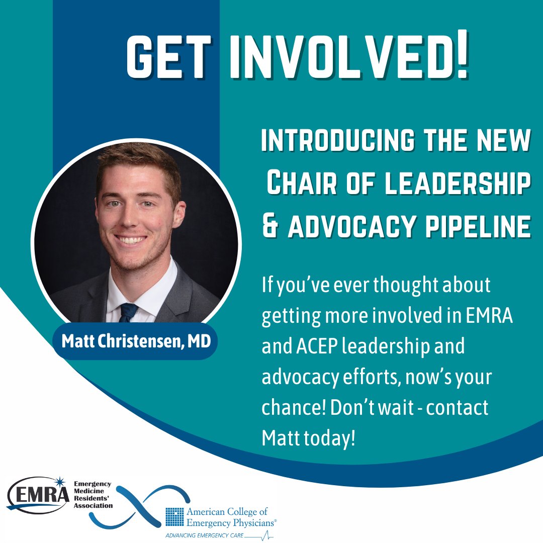 📣 Introducing the new Chair of Leadership & Advocacy Pipeline - Matt Christensen, MD! This is your opportunity to get more involved in EMRA and ACEP leadership and advocacy efforts. Contact Matt today! Check out all the ways you can get involved 👉 bit.ly/3JcutHa