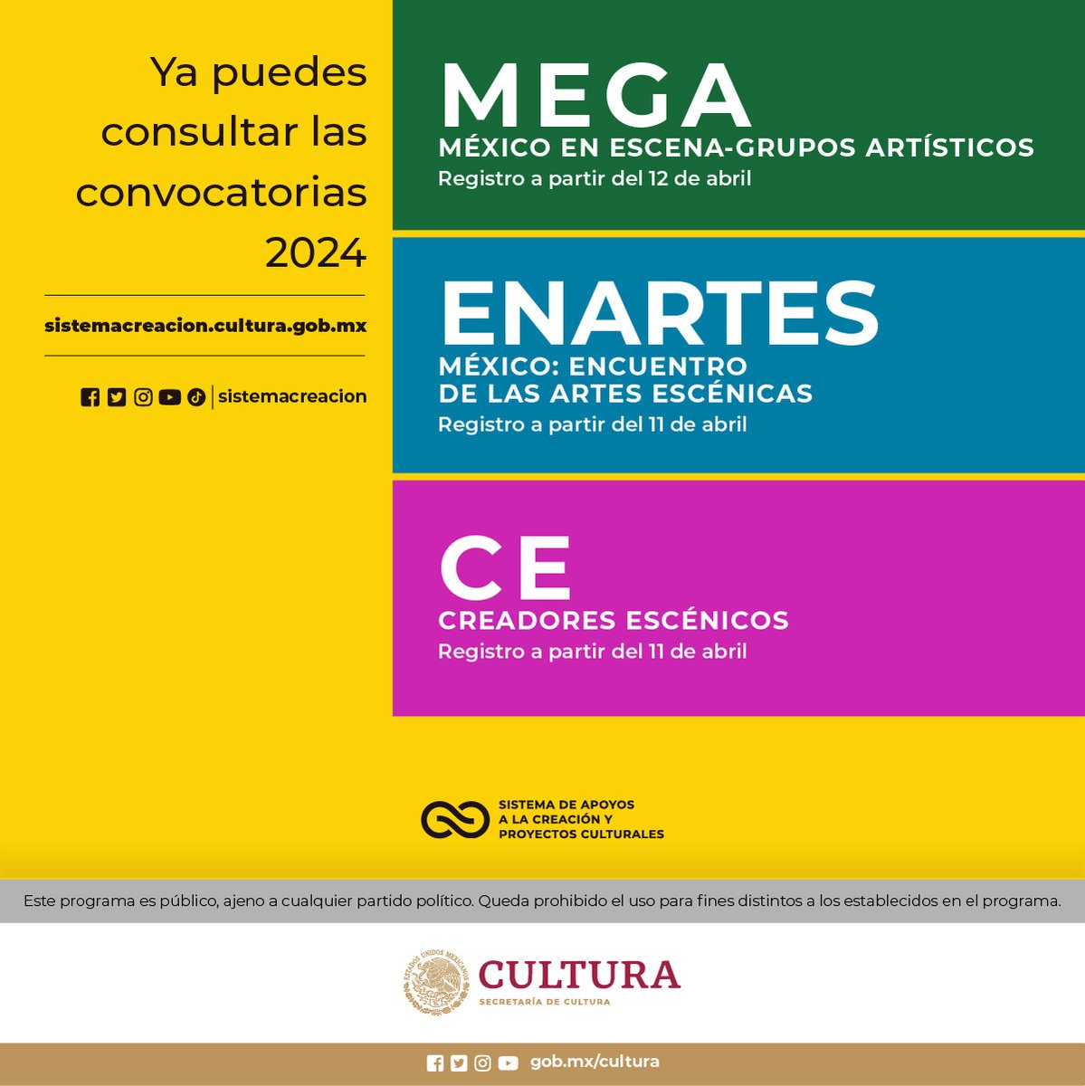 El @SistemaCreacion abre las convocatorias MEGA, Enartes y Creadores Escénicos 2024 🔸 Consulta las bases de participación en sistemacreacion.cultura.gob.mx 🔗 shorturl.at/dFIR2