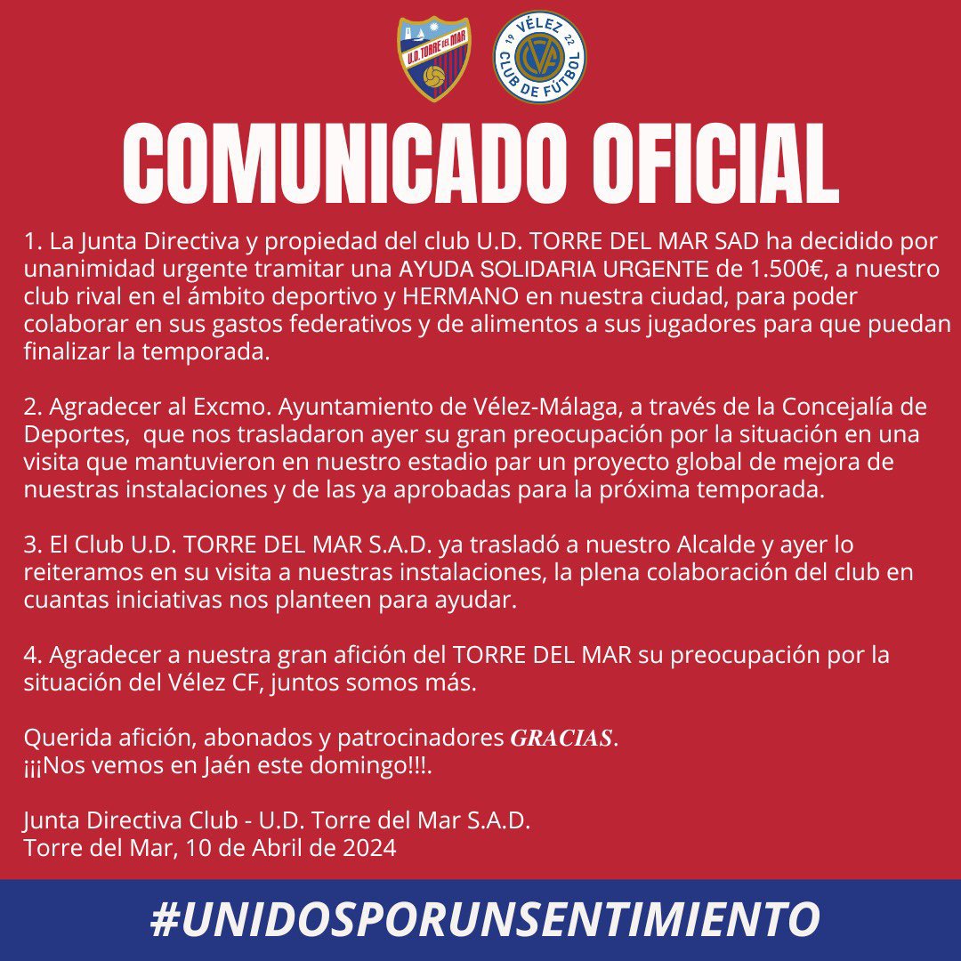 La UD Torre del Mar FS (@UDTorredelMarFS) ayuda al Vélez CF (@VELEZCFoficial) - nuevofutbol.com/2024/04/ud-tor…