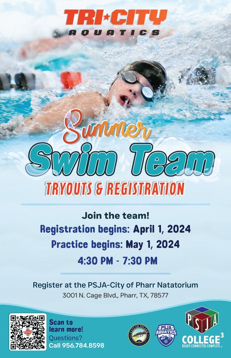 Dive into summer fun with Tri-City Aquatics! 🏊🏼‍♂️ Tryouts and registration are now open, join the summer swim team and make a splash this season! 💦 📲 For more information call, 956-784-8598 #PSJAFamily PSJA Aquatics