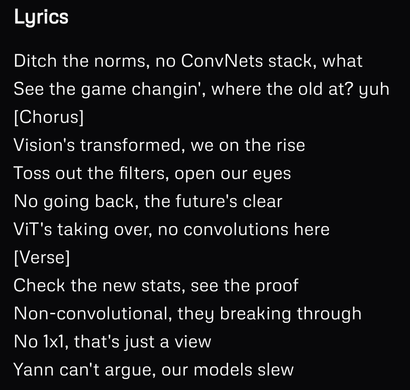 So much potential🥹 1: One moment, let me state the vision No more sliding windows, we on a mission! udio.com/songs/mfsfmg5V… 2: No 1x1, that's just a view @ylecun can't argue, our models slew udio.com/songs/eb2bmgzT…