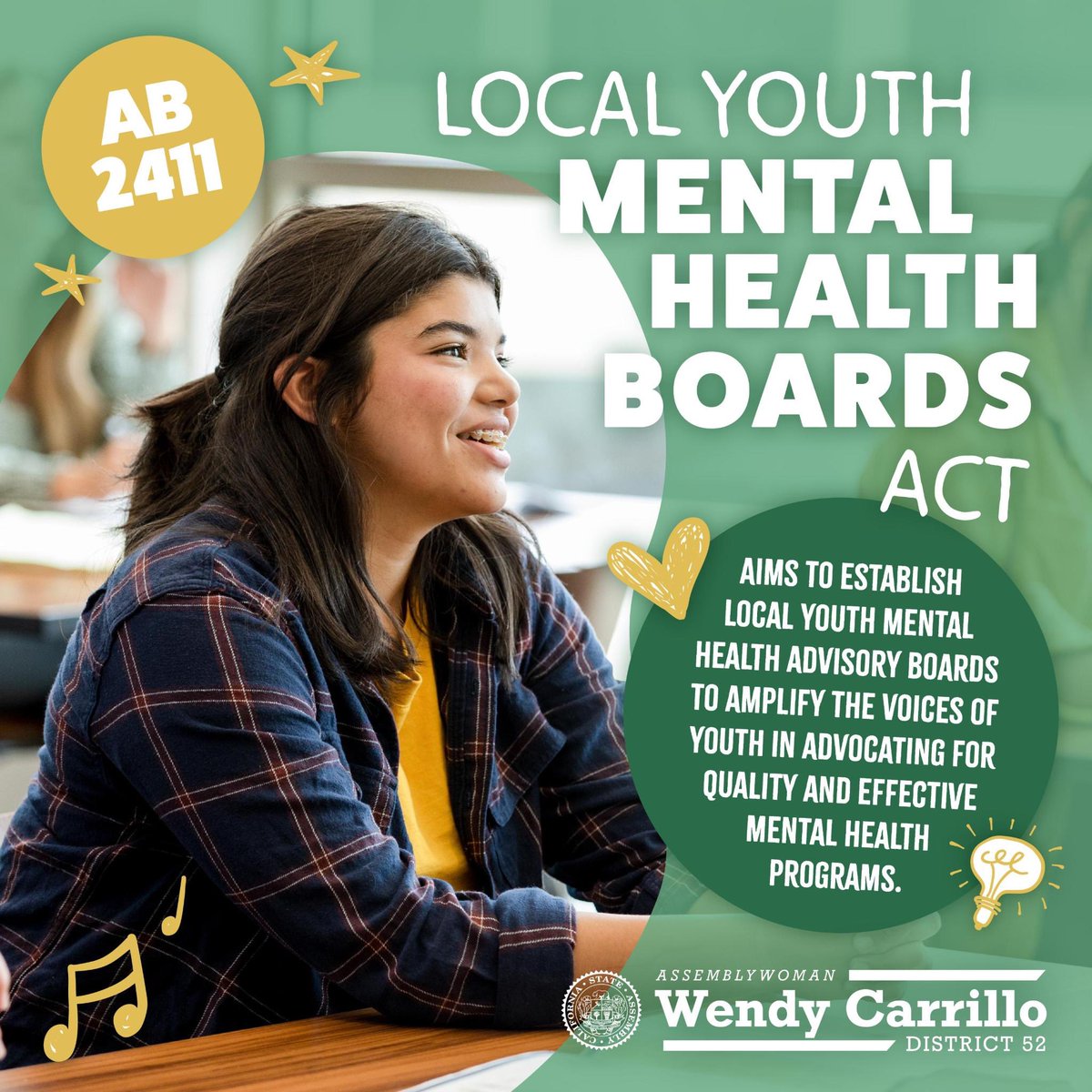 AB 2411 has passed the Assembly Health Committee! Youth deserve to have a say in building quality and effective #mentalhealth programs. This bill will help amplify youth voices by establishing local mental health advisory boards. 💚