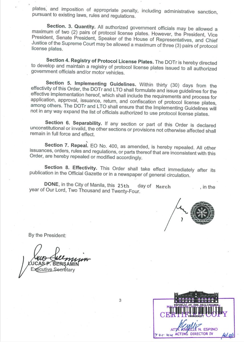 JUST IN: President Ferdinand R. Marcos Jr. has issued Executive Order (EO) 56, regulating the issuance of low-numbered protocol license plates to vehicles used by government officials, amid increasing complaints on unauthorized use of protocol license plates. @pnagovph