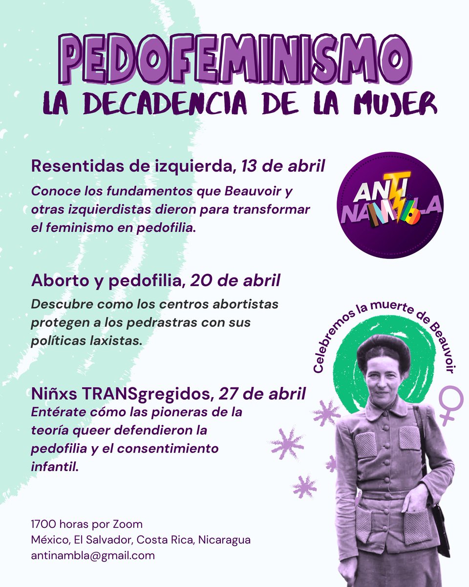 🥳 En abril se cumplen 38 años de la muerte de la madre del feminismo radical y en el Batallón antiNAMBLA daremos un curso para aprender sobre cómo las feministas defienden la pedofilia. Información en: 🟢 WhatsApp wa.me/qr/Y75TAUPFO27… 🔵 Telegram t.me/antiNAMBLA