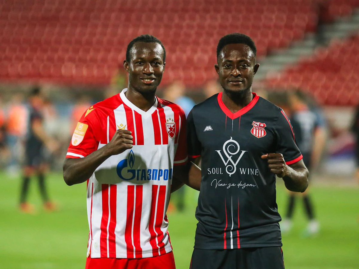 📸Former Asante Kotoko, Bechem United and Kotoku Royals forward Andy Kumi Francis and Osman Bukari after Serbian Cup match.