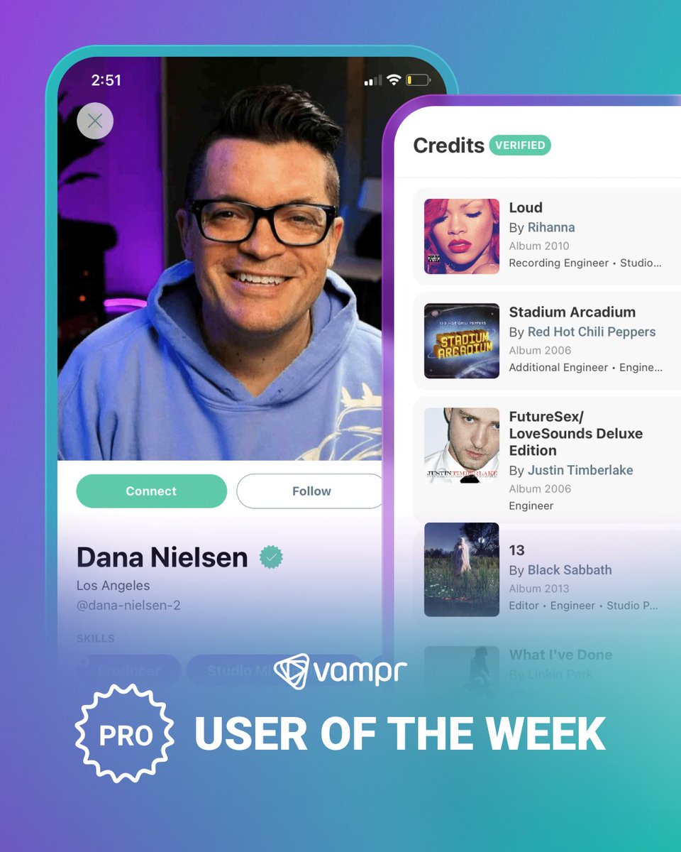 🎶 Say hello to this week’s #Vampr Pro User of the week Dana Nielsen / @TheDanaNielsen, who is a GRAMMY-nominated #Producer, #Mixer & #RecordingEngineer, who has worked with legends like @ChiliPeppers, @rihanna, @linkinpark & more! 😍 Connect with Dana on Vampr today: