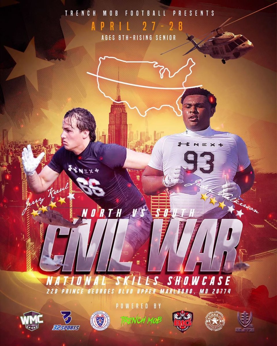 Calling all warriors to defend your states rights to football supremacy”🏈 Join us on April 27-28 at Liberty Sports Park 220 Prince Georges Blvd, Upper Marlboro, MD 20774 for an exclusive showcase of linemen talent, and skill player dominance. Register at civilwarcompetition.com