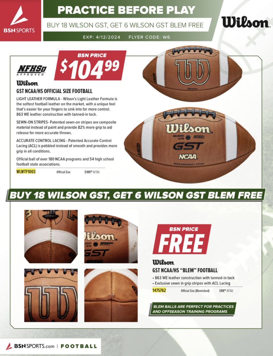 🏈 DEAL EXTENDED! 🏈 Buy 18 Wilson GST footballs & get 6 FREE Wilson Blem footballs! 💥 ⏰ Deal ends this FRIDAY 4/12 ⏰ Send me a message for more info!