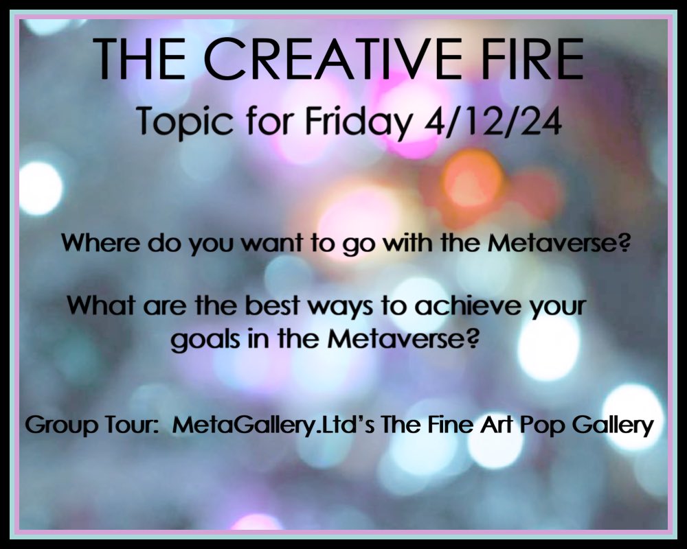 Join us at THE CREATIVE FIRE Friday 4/12/24 3PM EST/9PM CET spatial.io/s/CREATIVE-FIR… @pithonxix @ciani_raffaella @Rasta_Vibez @Lisbet_Spatial @LiannaAdams @lindahollier @Avia_Mommy @CirrusXr @Shmerz86 @art_hyna @blytheatemenou @Decentra_o_cNFT @josh_garrett_kc @marodori_japan…