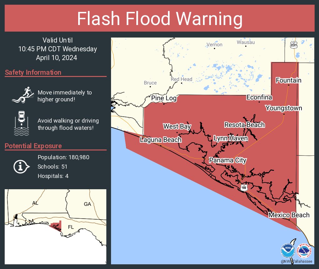 Flash Flood Warning including Panama City FL, Lynn Haven FL and  Callaway FL until 10:45 PM CDT (4.10.24) #WKGCStormCenter