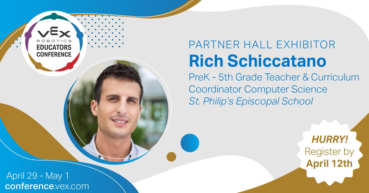 With over 15 years of K-8 STEM education experience, Rich Schiccatano designs creative learning experiences, aiming to empower students to express themselves and cultivate curiosity. Catch Rich in the #VEXconference Partner Hall. Register by April 12: buff.ly/3TZQFLl