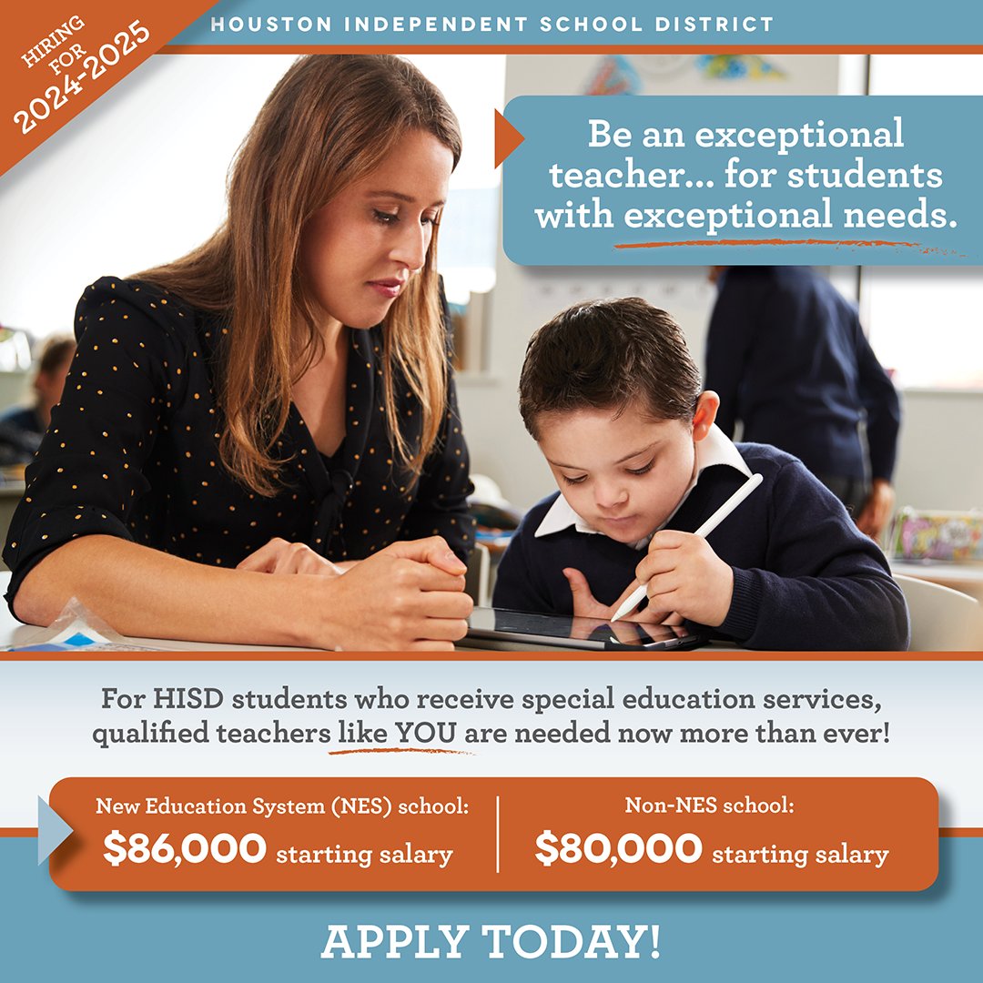 HISD is raising salaries for Special Education teachers for the 2024-2025 school year. SpEd teacher requirements: Bachelor's or higher from an accredited college/university TExES SpEd EC-12 certification Core Content/Generalist certification Learn more: bit.ly/4aAdmuw