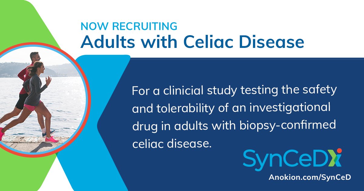 Now enrolling adults with biopsy-confirmed celiac disease in a phase 2a clinical trial testing the investigational drug KAN-101. Must be 18-70 years old and following a gluten-free diet. Compensation is available. Learn more at Anokion.com/SynCeD