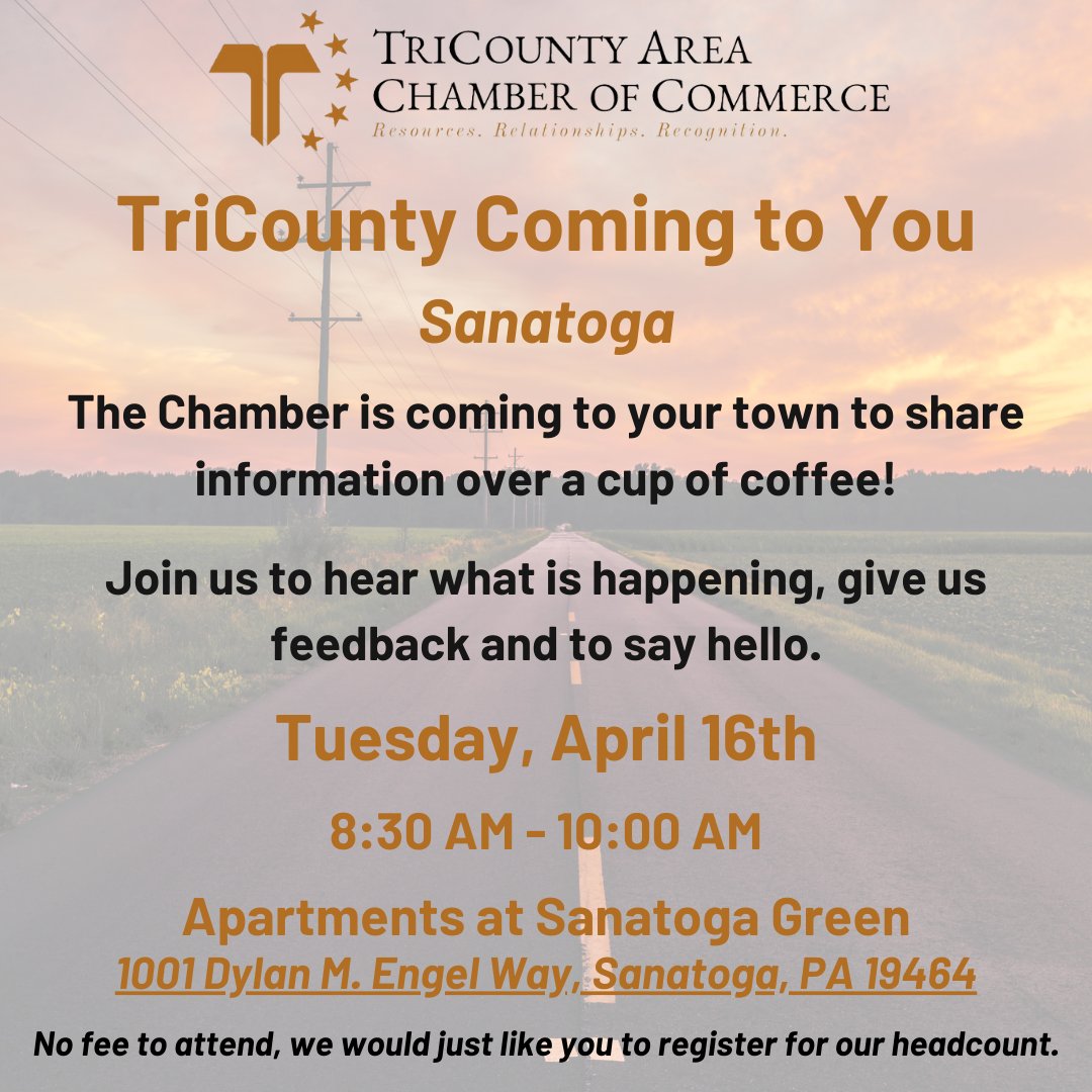 The Chamber is coming to your town to share information over a cup of coffee! Next stop: Sanatoga! Members and future Members are welcome. ow.ly/e2oc50QOYfY #tcaccbettertogether