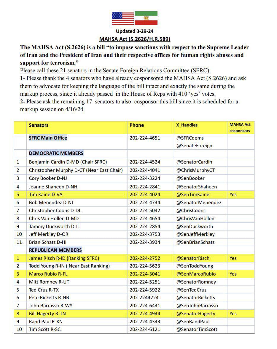 Please call all these senators and ask them to cosponsor the #MAHSAAct S.2626 if they haven’t already. (Senators with the yellow highlights have already cosponsored.) Thank you! 🦁🌞🇺🇸 @SFRCdems @SenatorCardin @SenatorRisch @SenateForeign