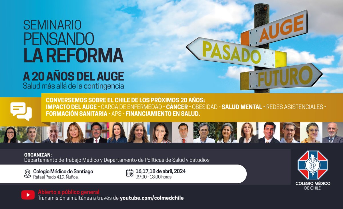 Nuestro #Seminario: “Pensando La Reforma: A 20 años del AUGE. Salud más allá de la contingencia”, contará con importantes expositores y panelistas para abordar tan importante temática. 🔔Conoce con quienes conversaremos sobre: ¿Cómo está nuestra salud y cuál es el sistema…