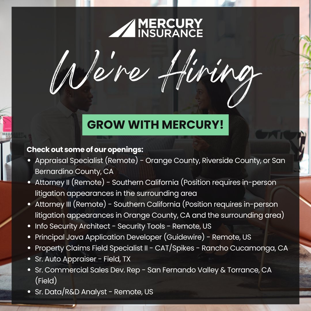 Exciting news! We're expanding our team and seeking dynamic individuals who are passionate about making a positive impact. Visit our careers page at MCY.CAREERS! #MercuryInsurance #GrowWithUs