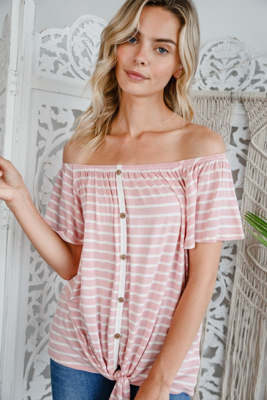 Elevate your style with our STRIPE OFF SHOULDER BUTTON DOWN TOP 🌟 Made in the USA with the perfect blend of rayon & spandex for a comfortable fit. Ready to make heads turn? Shop now for just $33! shortlink.store/4hkgtxmsfads #OffShoulder #Stripe #FashionFind