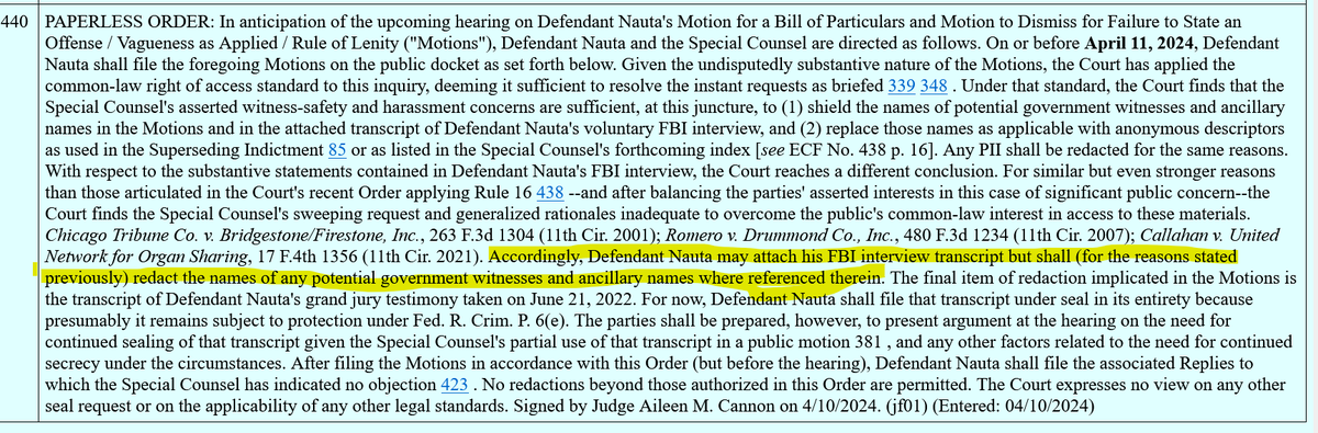 Just in: Looks like we'll be getting a transcript of Walt Nauta's FBI interview at some point tomorrow, minus the names of any potential govt witnesses, according to Judge Cannon's most recent order.