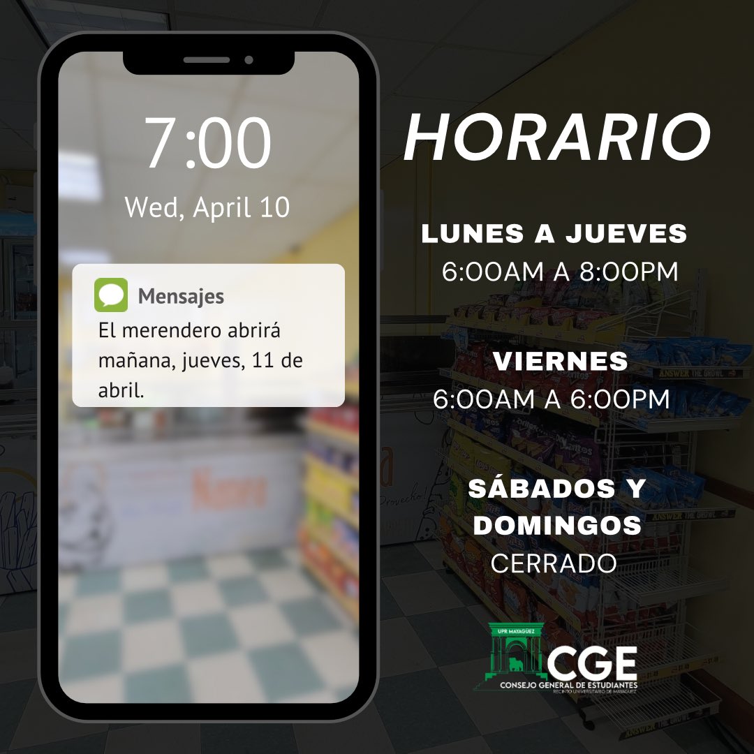 [MERENDERO UPRM] Colegial, te informamos que mañana abrirá el merendero. Recuerda darte la vuelta y dejarnos saber tu opinión. Esperamos este sea un comienzo estable y que garantice el inicio de la accesibilidad alimentaria para el estudiantado del RUM. #CafeteríaAhora