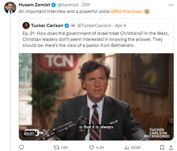 The Palestine Liberation Organisation (PLO) 'ambassador' in Britain promoting the demented Christian antisemitism of Tucker Carlson is just perfect.