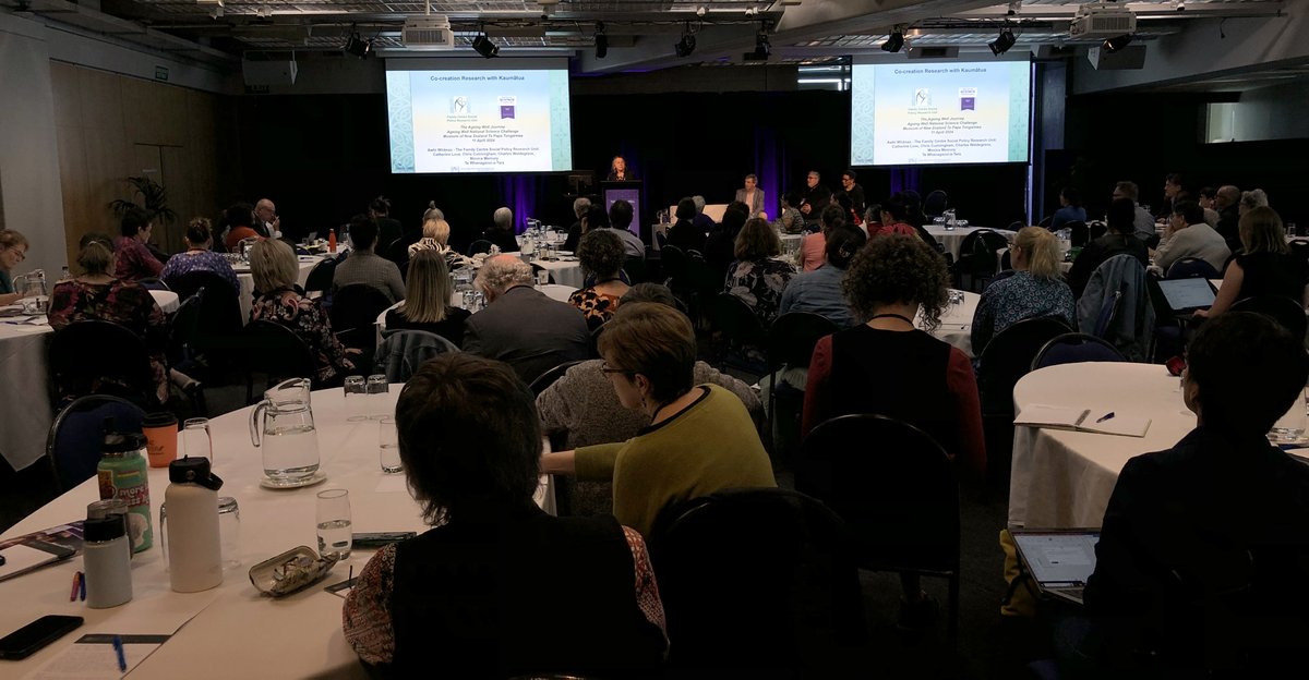 Next up, we have the research team from the Family Centre Social Policy Research Unit. * Dr Catherine Love * Charles Waldegrave * Professor Chris Cunningham * Monica Mercury They are presenting 'Co-creation research with kaumātua'. #AgeingWell