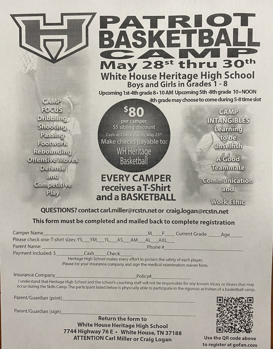 The Patriot Basketball Camp for grades 1-8 will be 5/28-5/30. Every camper gets a camp t-shirt & basketball. Spots fill up quick so fill out the form & scan the QR code to get signed up. Questions: Carl.miller@rcstn.net or Craig.logan@rcstn.net