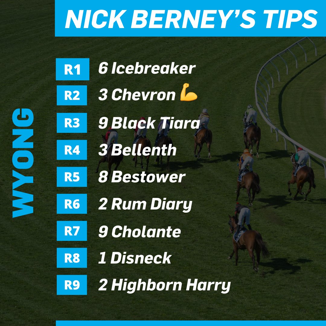 Tips from @nick_berney for Wyong👇 ☀️Fine🏟️Good 4⏰Race 1 at 12.15pm Updated preview: tinyurl.com/ynvydyv4
