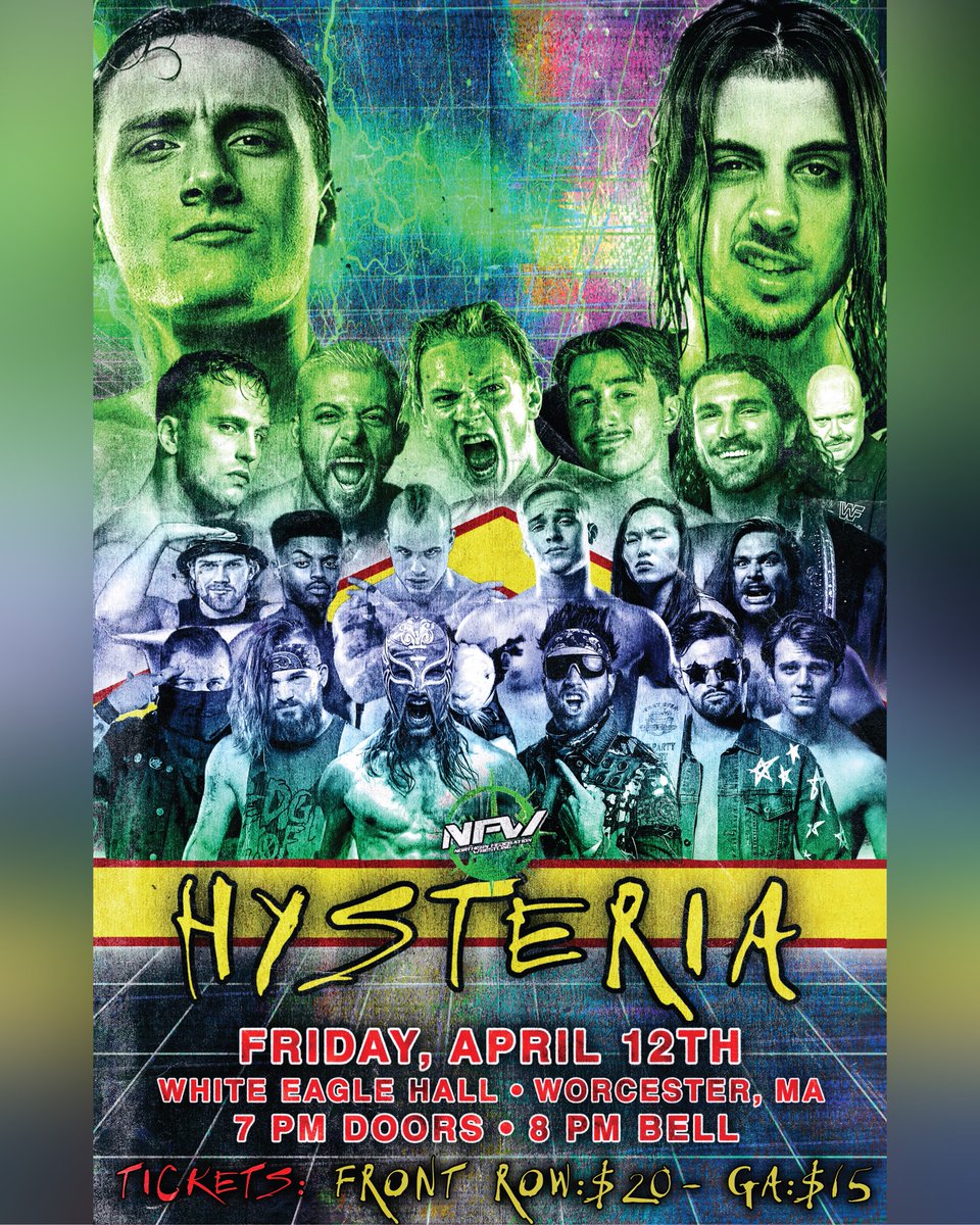 THIS FRIDAY NIGHT at 8PM on IWTV! NFW debuts in Worcester, MA at The White Eagle as NFW Presents: Hysteria! Matches Confirmed: Clancy/Price - NFW Title BRG/Crawford Jae Lee/Skyros McCoy/Martin Blanc/Hale Edge of Hope/VBU & MUCH MORE! Tix on sale here: nfwtix.ticketbud.com/hysteria