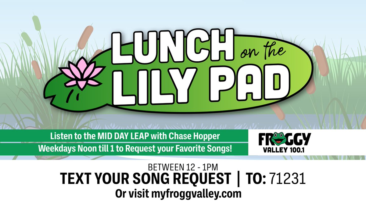 It's Lunch on the Lilypad with Chase Hopper on The Mid Day Leap! Your time is NOW to submit a song request over at myfroggyvalley.com/2023/11/20/lun… or text the word lunchtime to 71231 and Chase will get that played between Noon and 1 p.m.!