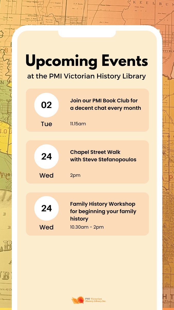 Here's a quick glance at this months events at the #PMIVicHistoryLibrary. To know what is happening in the coming months, make sure to read our 'Library Happenings and Recent Additions' eNewsletter that goes straight to your inbox. 👉🏽 pmi.net.au/upcoming-event…